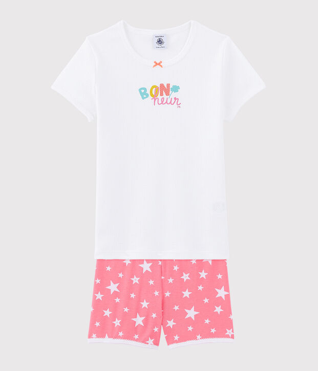Pigiama corto motivo Bonheur bambina in cotone bianco/multicolore