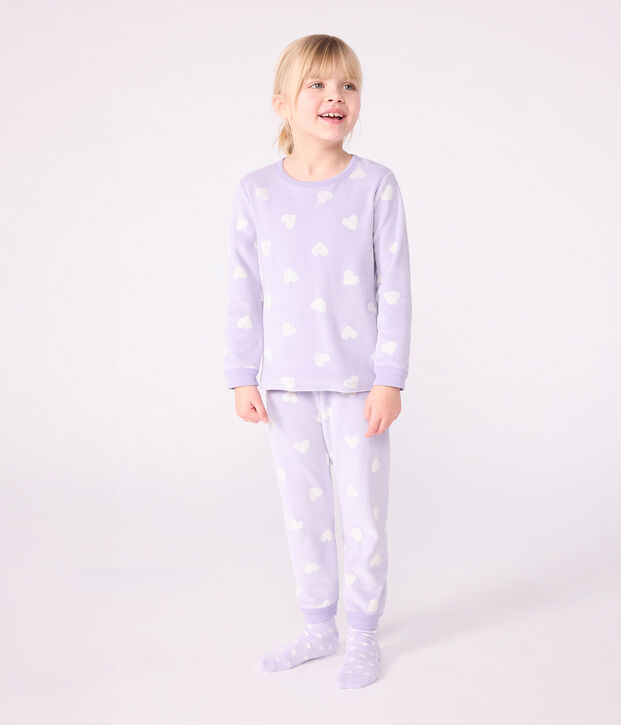 Pigiama in ciniglia con stampa a cuori bambina viola/bianco
