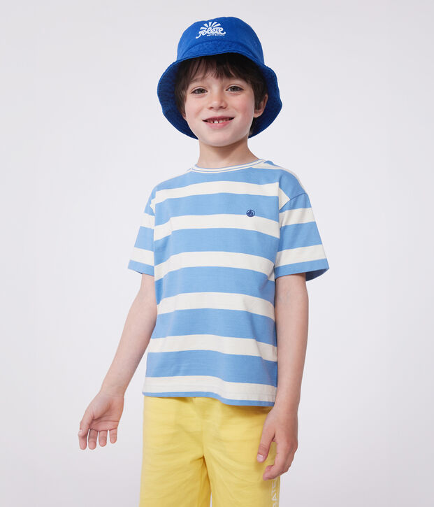 T-shirt a maniche corte in cotone a righe bambino blu/ecru