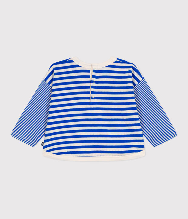 T-shirt a maniche lunghe in cotone a righe neonato blu/ecru
