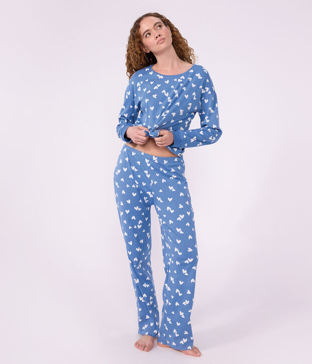 Pigiama in cotone con stampa a cuori donna blu/bianco