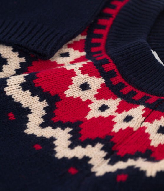 Pullover jaquard in lana e cotone bambino blu SMOKING/bianco MULTICO