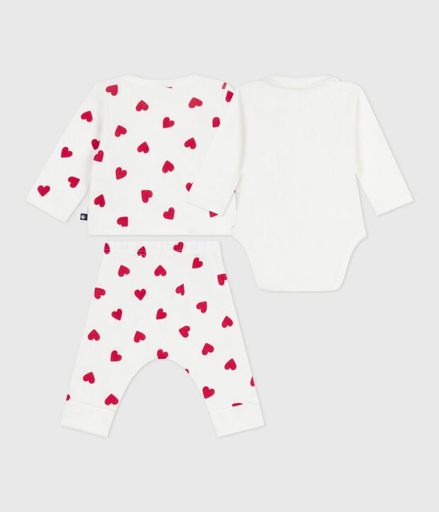 Completo 3 pezzi incrociato in cotone con stampa a cuori neonato bianco/rosso