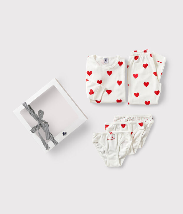 Confezione regalo pigiama e slip in cotone con stampa a cuori rossi multicolore