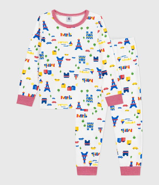 Pigiama bambino in tessuto felpato con stampa Parigi bianco MARSHMALLOW/bianco MULTICO