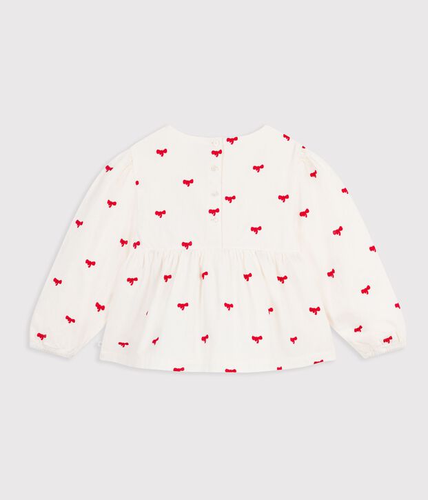 Blusa a maniche lunghe in cotone con stampa a fiocchi bambina ecru/rosso