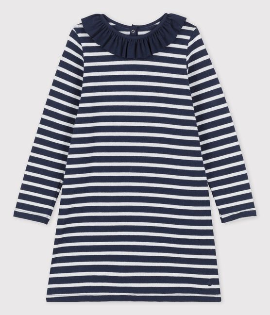 Abito bambina a maniche lunghe in cotone blu SMOKING/ MARSHMALLOW/ ARGENT