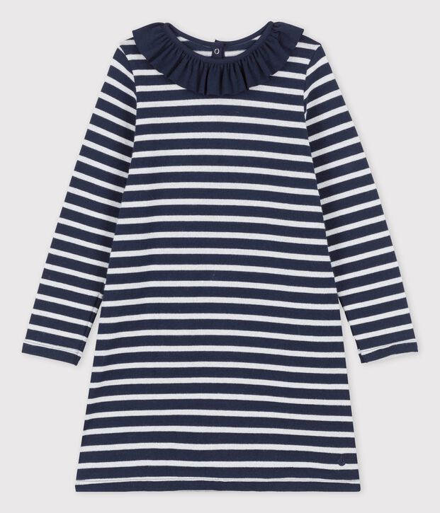 Abito bambina a maniche lunghe in cotone blu/bianco/grigio