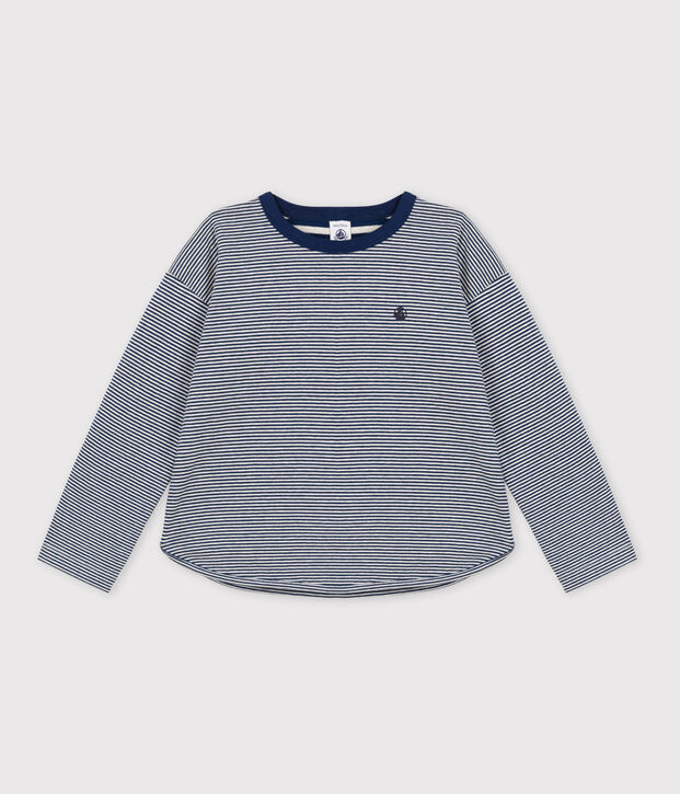 T-shirt bambino a maniche lunghe in tubique blu/beige