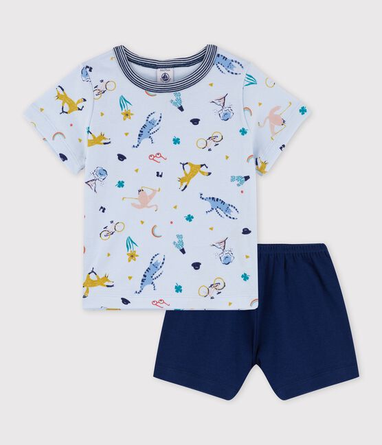 Pigiama corto bambino in cotone con stampa animali yoga blu FRAICHEUR/bianco MULTICO
