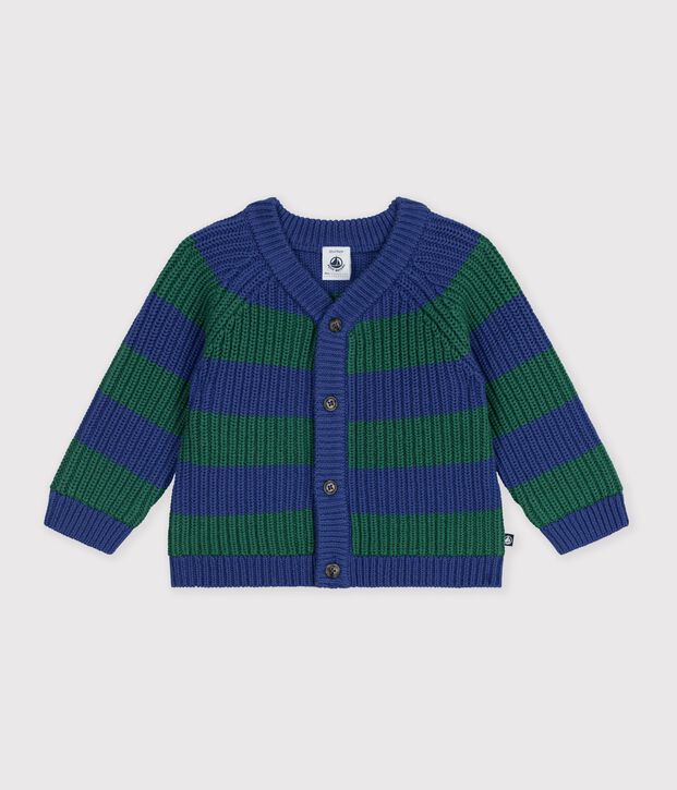 Cardigan in maglia di misto lana e cotone a righe neonato multicolore/verde