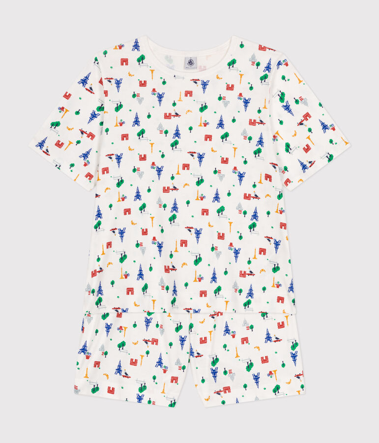 Pigiama donna con pantaloncini e t-shirt in cotone con motivo Parigi bianco/blu/multicolore