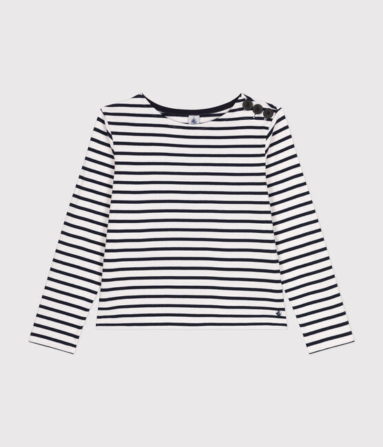 Marinière donna abbottonata in cotone bianco MARSHMALLOW/blu SMOKING