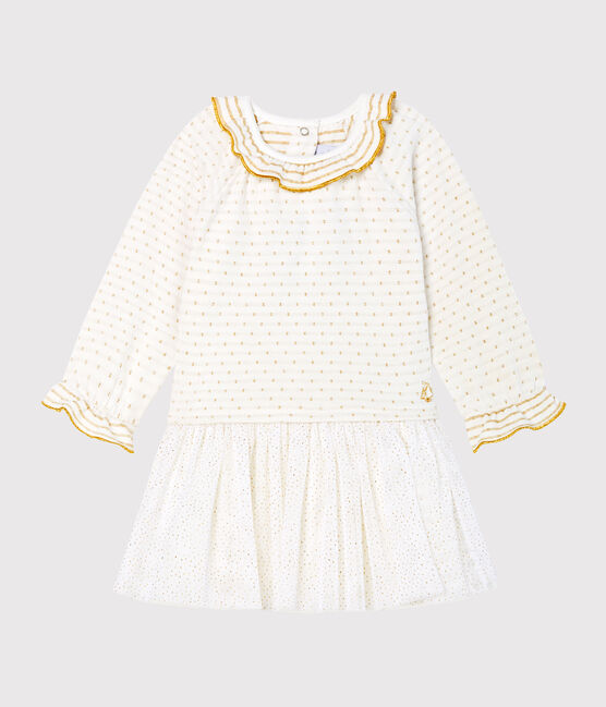 Abito bi-materiale a maniche lunghe da bebè femmina bianco MARSHMALLOW/giallo OR