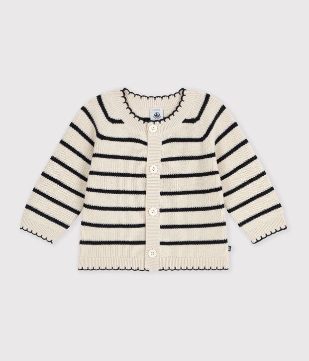 Cardigan in cotone a righe neonata ecru/blu