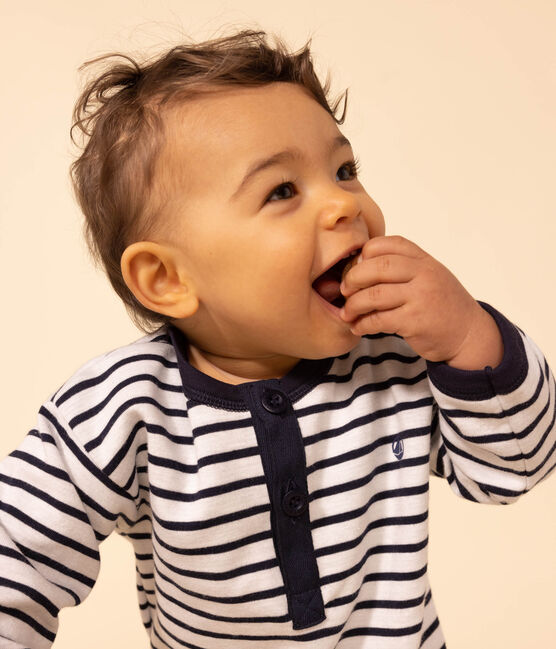 Tutina lunga in jersey spesso a righe stile marinière per bebè bianco MARSHMALLOW/blu SMOKING