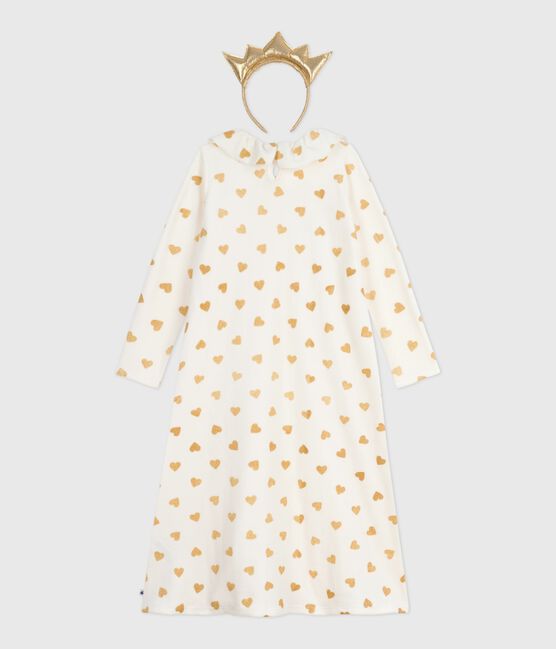 Camicia da notte travestimento bambina in ciniglia con stampa a cuori dorati ecru MILK+DORE