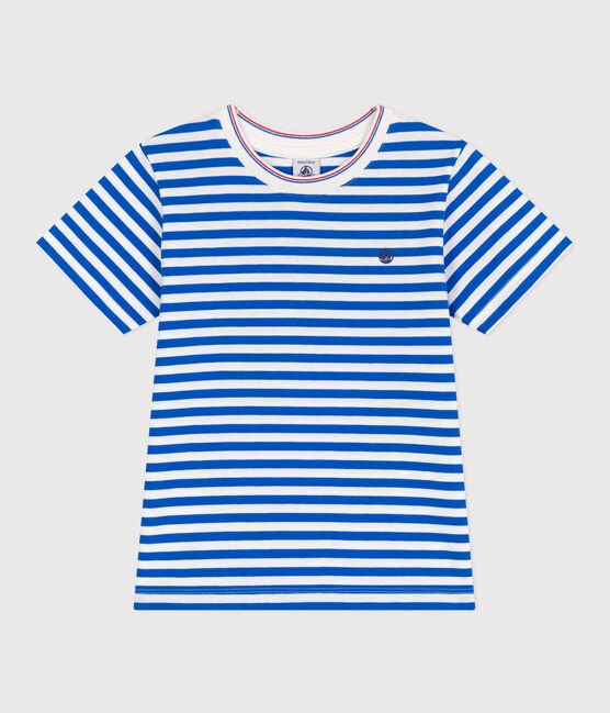 T-shirt a maniche corte in cotone a righe bambino blu PORCELANA/ MARSHMALLOW
