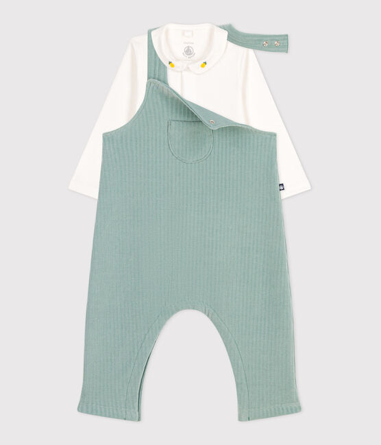 Completo nascita composto da salopette e body in cotone ricamato verde PAUL