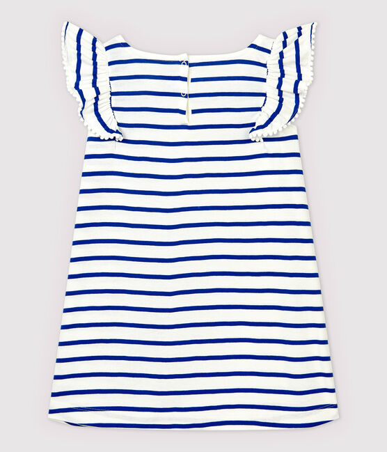 Abito manica corta in cotone bambina bianco MARSHMALLOW/blu SURF