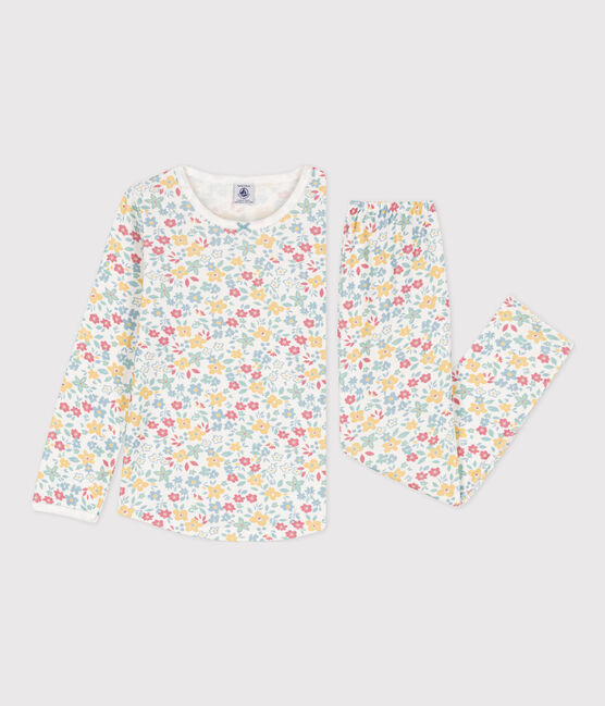Pigiama bambina in cotone a fiori  bianco MARSHMALLOW/bianco MULTICO
