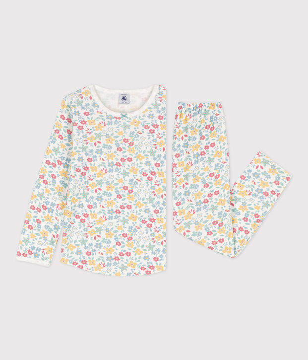Pigiama bambina in cotone a fiori bianco/multicolore