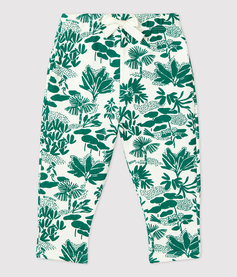 Pantaloni beb&egrave; in molleton con motivo vegetale bianco/verde