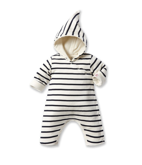 Tutina bebé con cappuccio a righe beige COQUILLE/blu ABYSSE