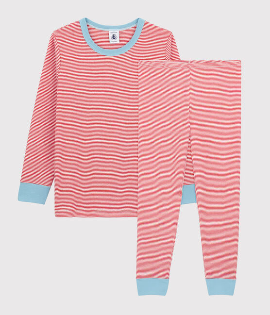 Pigiama a righe bambino in cotone arancione OURSIN/bianco MARSHMALLOW