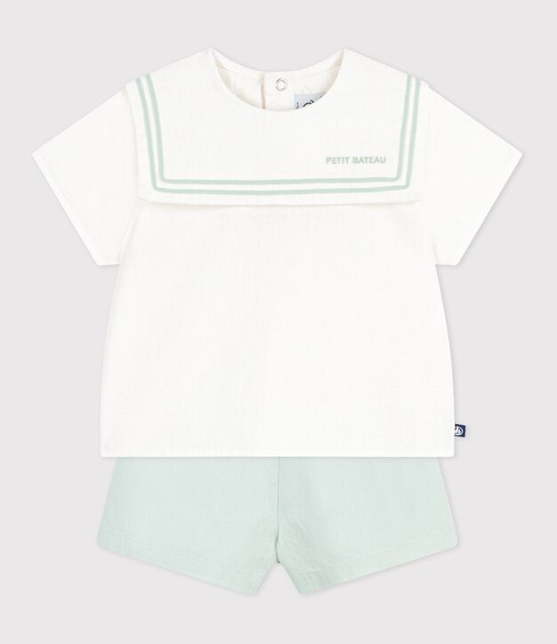 Completo neonato 2 pezzi in misto cotone/lino con top con colletto alla marinara bianco/blu