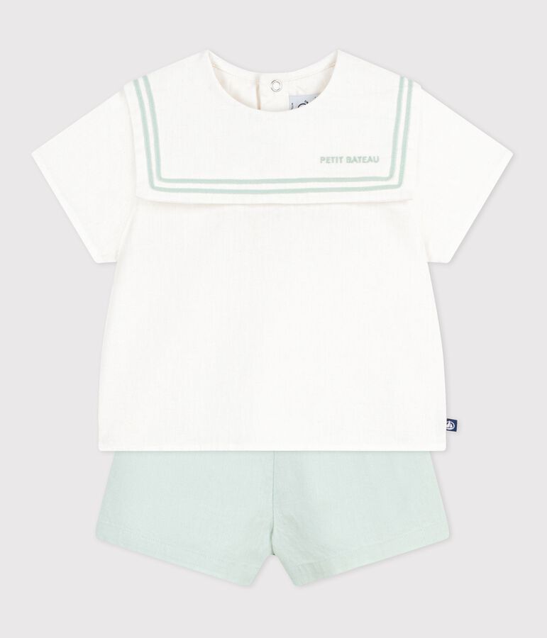 Completo neonato 2 pezzi in misto cotone/lino con top con colletto alla marinara bianco/blu