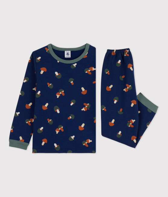 Pigiama bambina/bambino in tessuto felpato motivo funghetto blu MEDIEVAL/bianco MULTICO