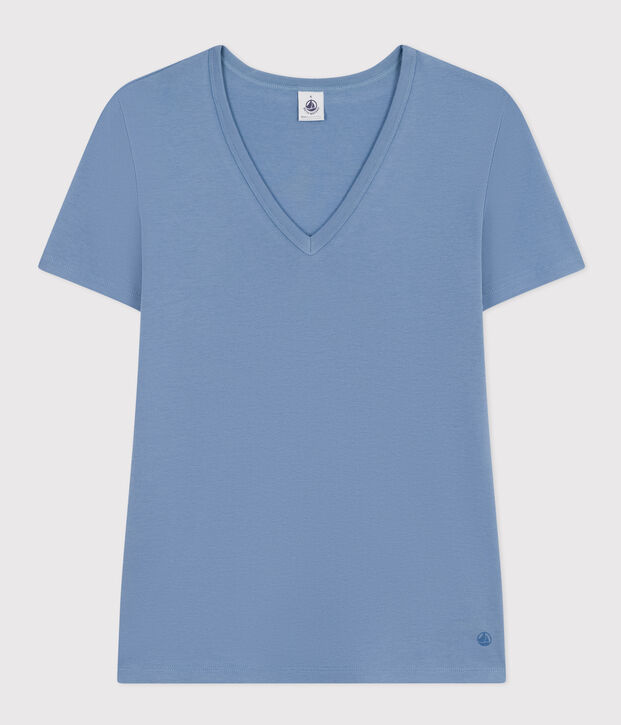 T-shirt L'Iconique scollo a V in cotone tinta unita donna blu