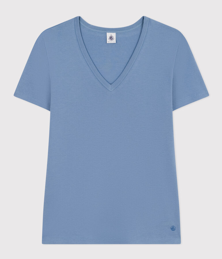 T-shirt L'Iconique scollo a V in cotone tinta unita donna blu