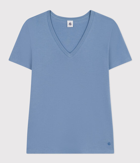 T-shirt L'Iconique scollo a V in cotone tinta unita donna blu BEACH