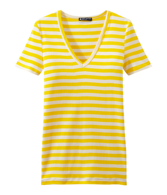 T-shirt donna scollo V in costina originale 1x1 rigata giallo SHINE/bianco MARSHMALLOW