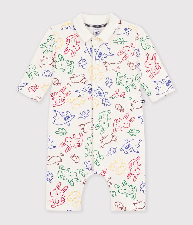 Tutina lunga in cotone con animali stampati neonato ecru/multicolore