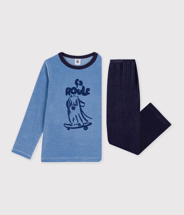 Pigiama in ciniglia tinta unita con motivo bambino blu/blu