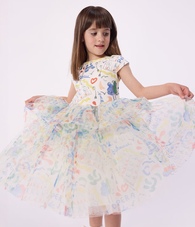 Abito a maniche corte in cotone e tulle con stampa bambina bianco/multicolore