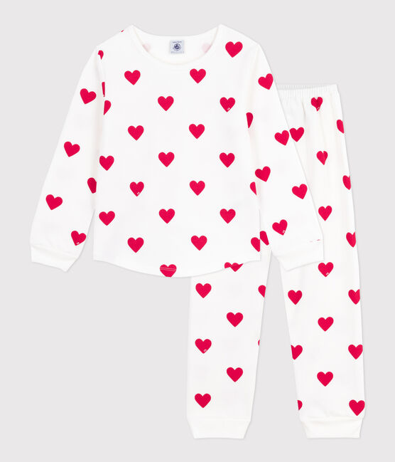 Pigiama bambina in tessuto felpato con stampa a cuori bianco MARSHMALLOW/rosso TERKUIT