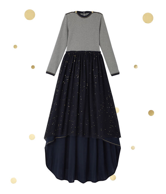 Abito bambina a maniche lunghe effetto 2-in-1 Petit bateau x Marie-Agnès Gillot blu SMOKING/beige COQUILLE