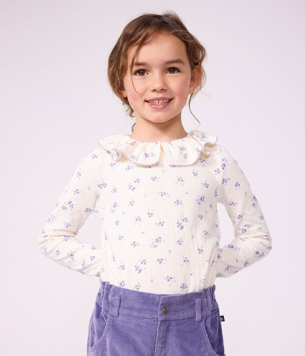 T-shirt a maniche lunghe con colletto e stampa a fiori bambina ecru/multicolore