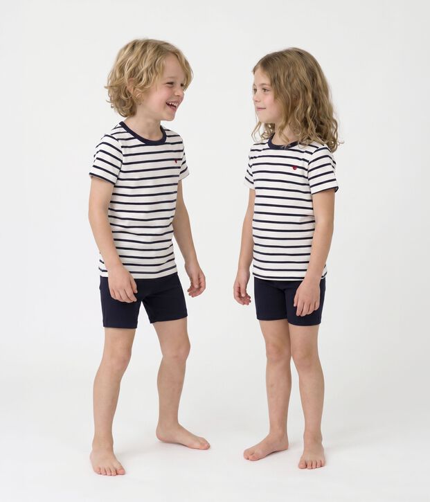 Pigiama corto marini&egrave;re bambino in cotone bianco/blu