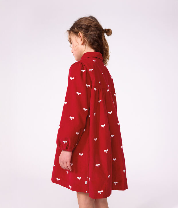 Abito a maniche lunghe in velluto con stampa di fiocchi bambina rosso/ecru