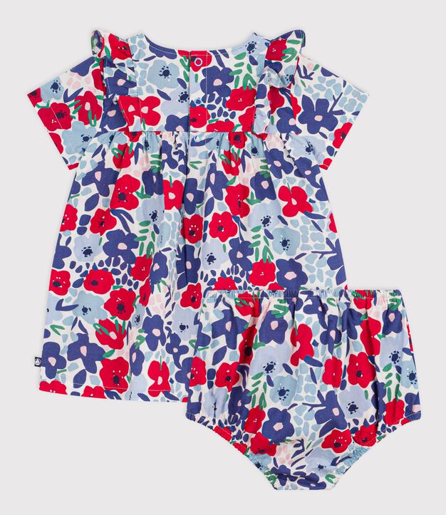 Abito neonata a maniche corte in cotone e bloomer abbinato con stampa a fiori bianco/multicolore