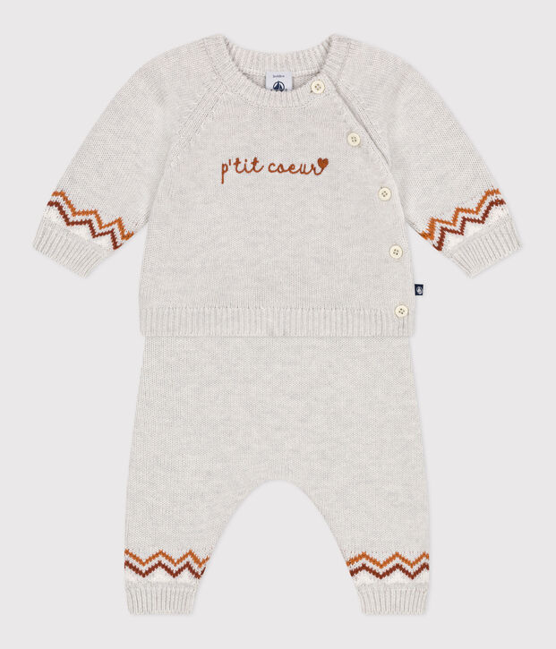 Completo 2 pezzi in maglia con stampa P'tit C&oelig;ur neonato beige/multicolore