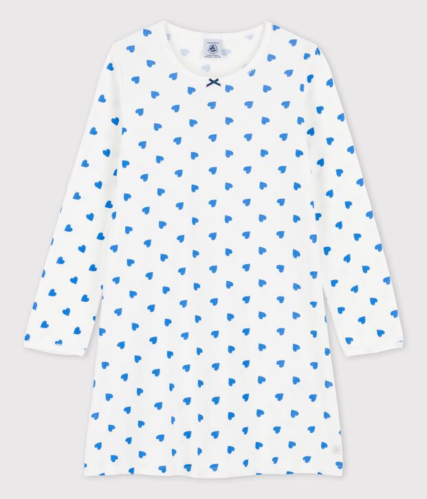 Camicia da notte a manica lunga con cuori blu bambina in cotone bianco/blu