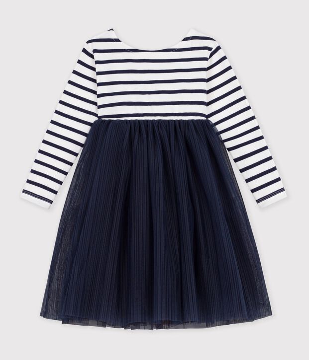 Abito a maniche lunghe in cotone e tulle a righe bambina bianco/blu