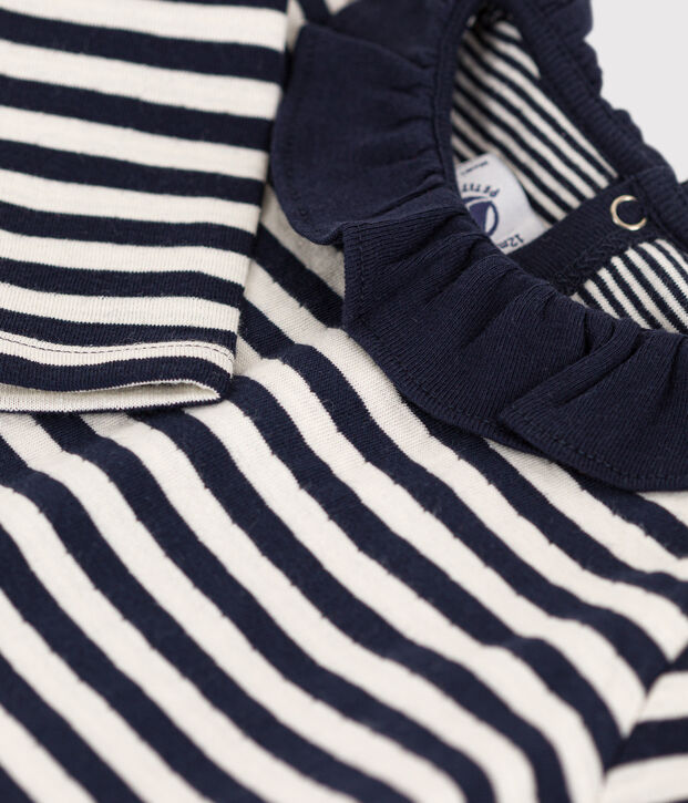 Blusa a manica lunga in tubique per beb&egrave; blu/ecru