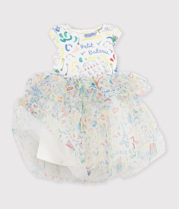 Abito a maniche corte in cotone e tulle con stampa bambina bianco/multicolore